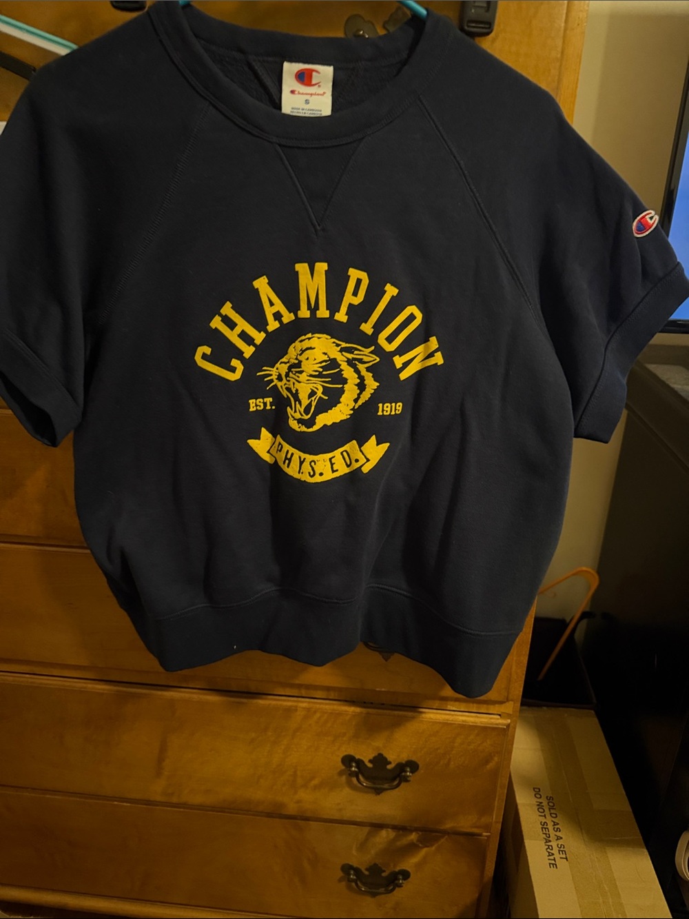 Champion Navy Short Sleeve Crewneck with Yellow Varsity Graphic